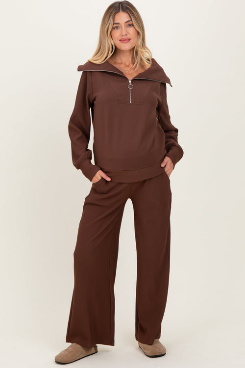 Brown Ribbed Half Zip Pullover Wide Leg Pant Maternity Set