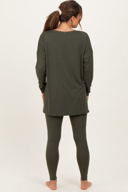 Olive Green Brushed Knit Maternity Oversized Top and Legging Set
