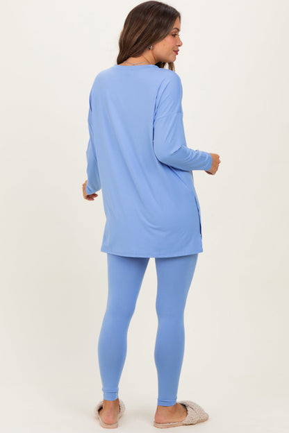 Cornflower Blue Brushed Knit Maternity Oversized Top and Legging Set