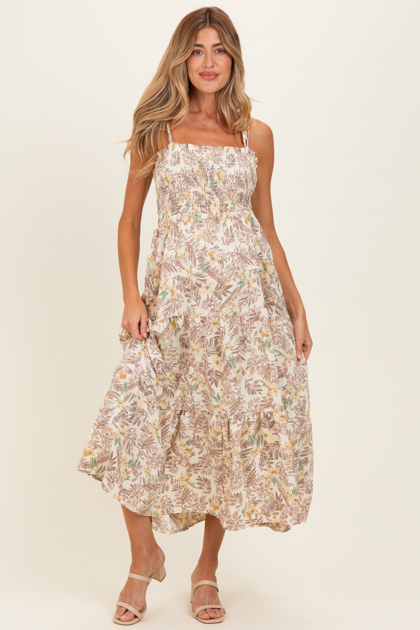 Ivory/ Mustard Vintage Floral Sleeveless Tiered Maternity Maxi Dress