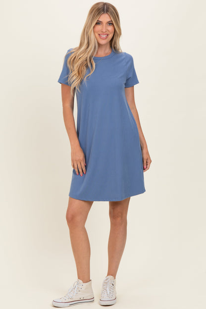 Blue Ribbed Knit Basic Short Sleeve Maternity T-Shirt Dress