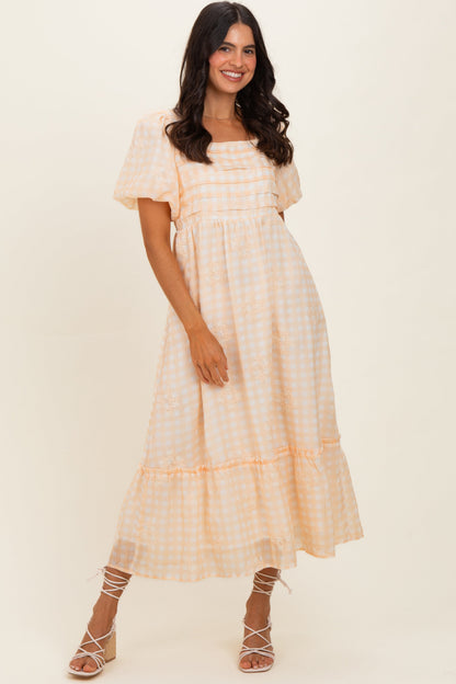 Yellow Gingham Pleated Square Neck Maternity Midi Dress