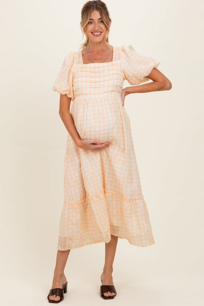 Yellow Gingham Pleated Square Neck Maternity Midi Dress