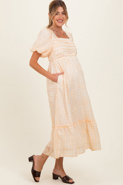 Yellow Gingham Pleated Square Neck Maternity Midi Dress