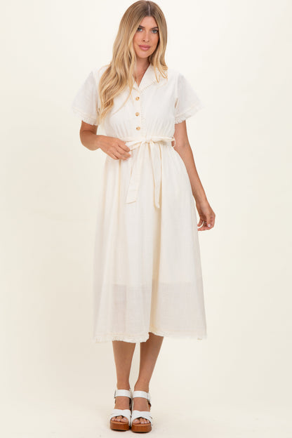 Beige Button Down Frayed Maternity Midi Dress