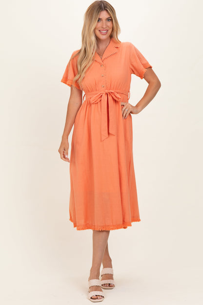 Salmon Button Down Frayed Maternity Midi Dress