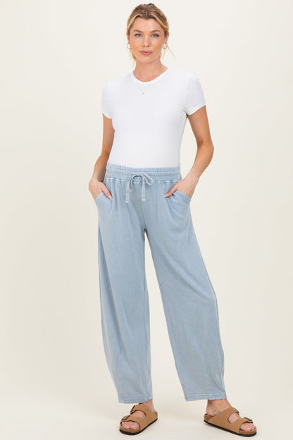 Light Blue Mineral Wash Barrel Leg Maternity Lounge Pants