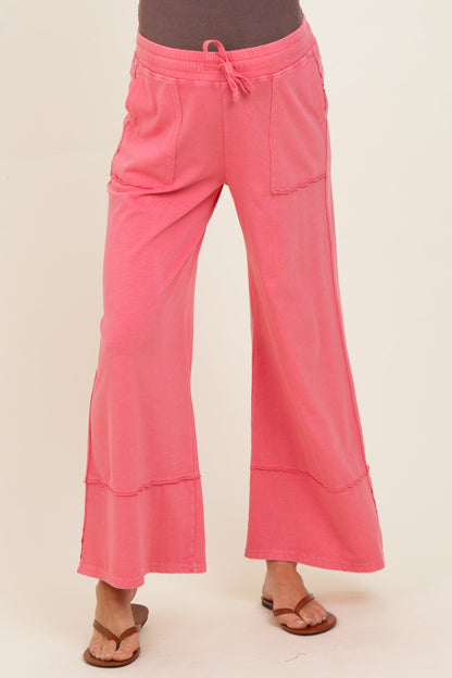 Hot Pink Mineral Wash Wide Leg Ankle Maternity Pants