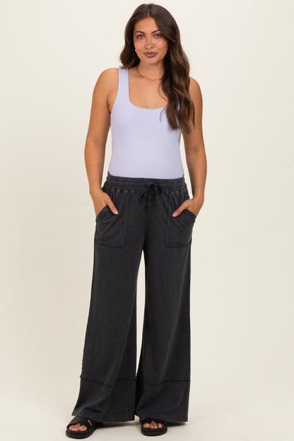 Black Mineral Wash Wide Leg Ankle Maternity Pants