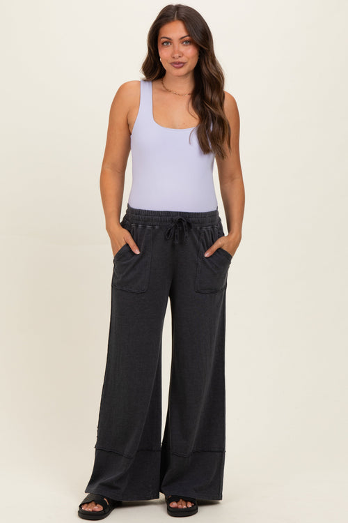 Black Mineral Wash Wide Leg Ankle Maternity Pants