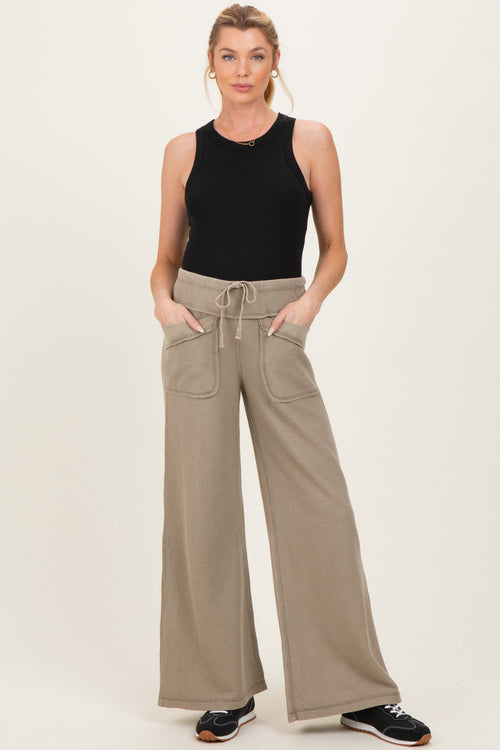 Olive Mineral Wash Waffle Knit Wide Leg Maternity Pants