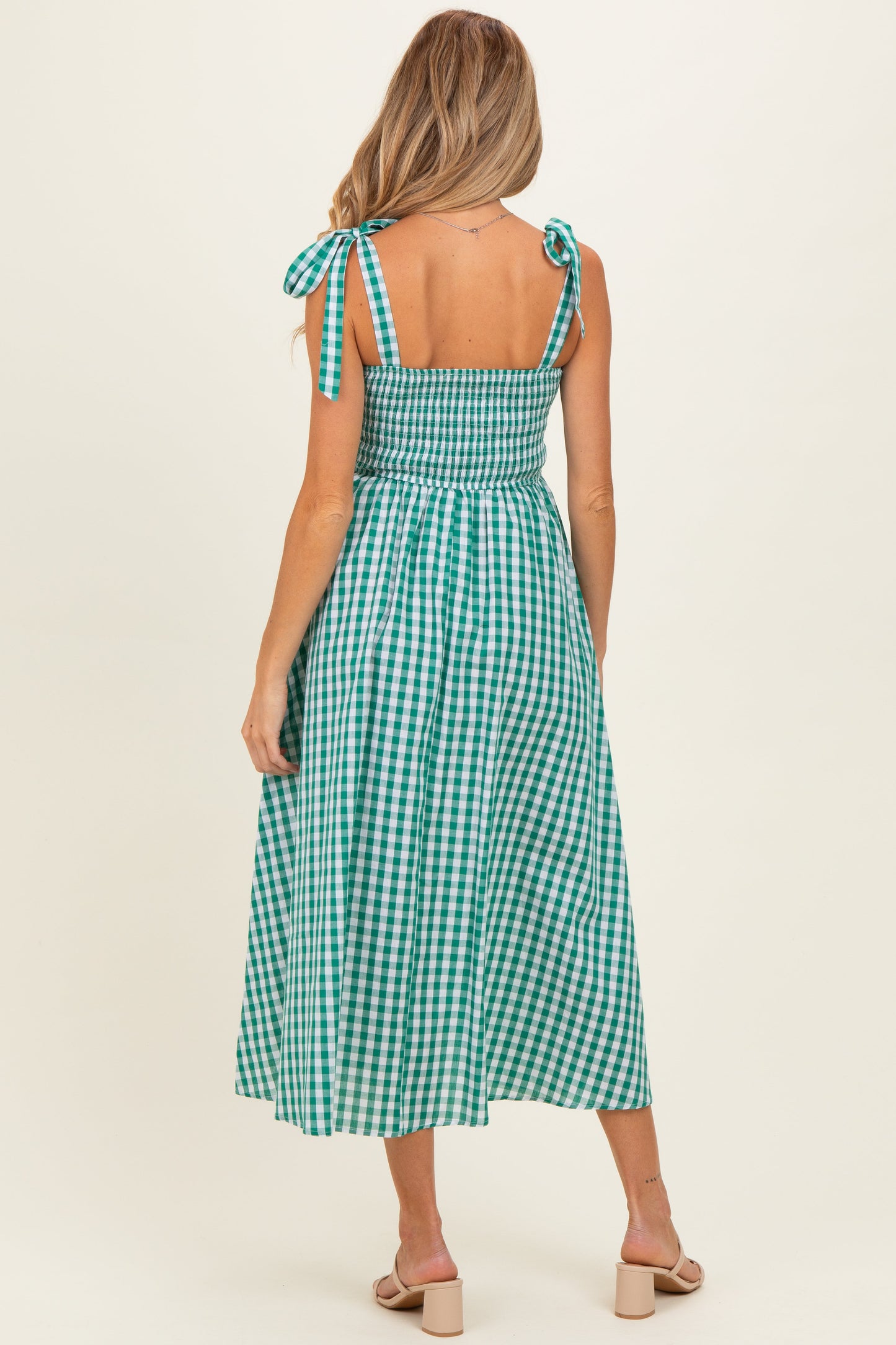 Green Gingham Smocked Shoulder Tie Maternity Midi Dress