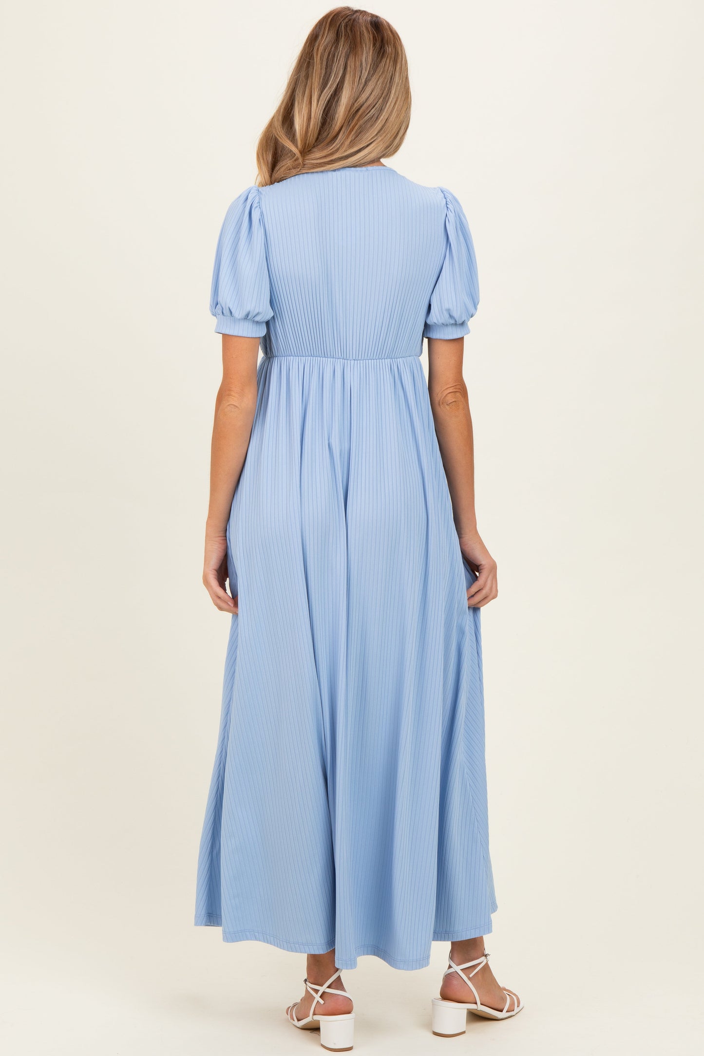 Blue Ribbed Puff Sleeve V-Neck Empire Waist Maternity Maxi Dress