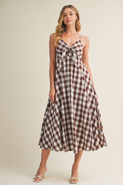 Chocolate Gingham Tie Front Racerback Maternity Midi Dress