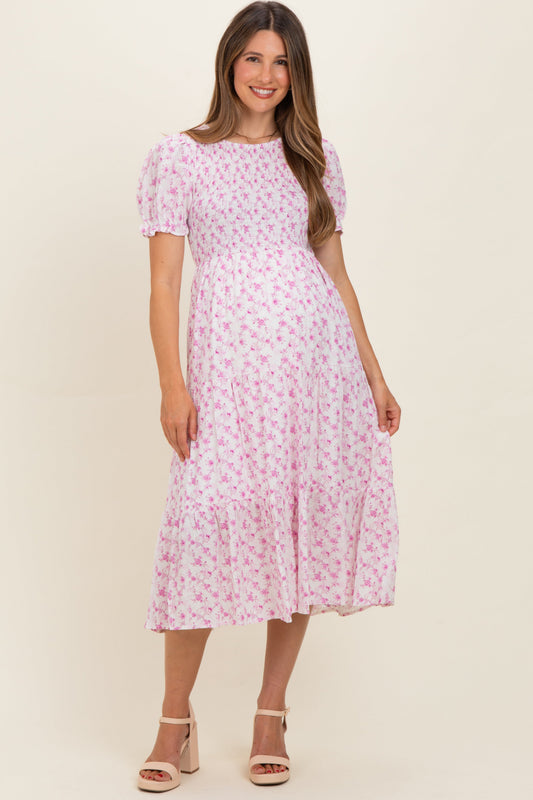Pink Rose Floral Smocked Puff Sleeve Maternity Midi Dress