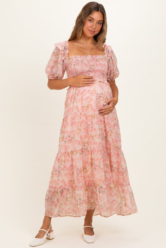 Pink Floral Chiffon Smocked Maternity Maxi Dress