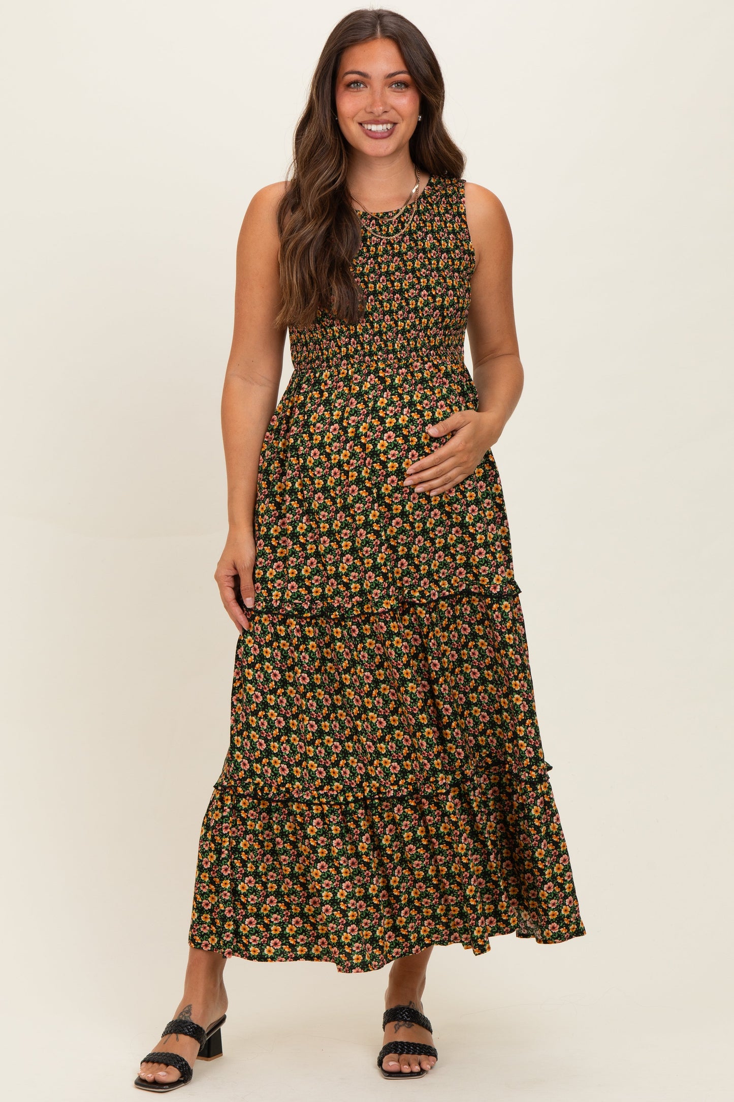 Multicolor Floral Smocked Sleeveless Tiered Maternity Maxi Dress