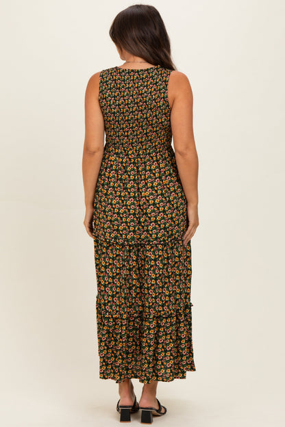 Multicolor Floral Smocked Sleeveless Tiered Maternity Maxi Dress