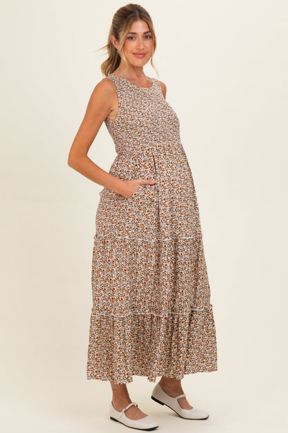 Beige Floral Smocked Sleeveless Tiered Maternity Maxi Dress