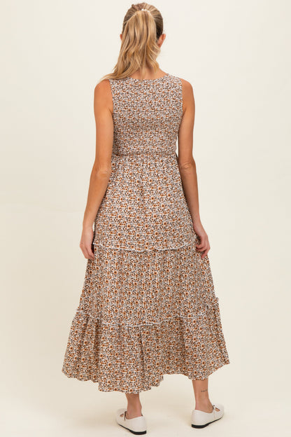 Beige Floral Smocked Sleeveless Tiered Maternity Maxi Dress