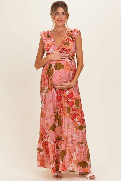 Pink Floral V-Neck Tiered Maternity Maxi Dress