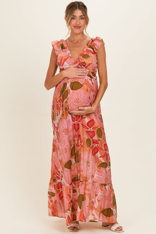 Pink Floral V-Neck Tiered Maternity Maxi Dress