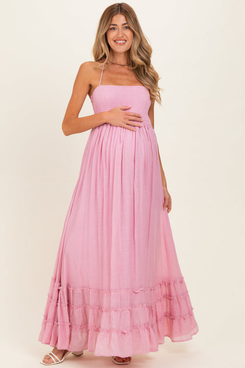 Light Pink Smocked Halter Open Back Maternity Maxi Dress