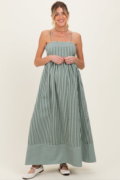 Olive Mixed Stripe Sleeveless Maternity Maxi Dress