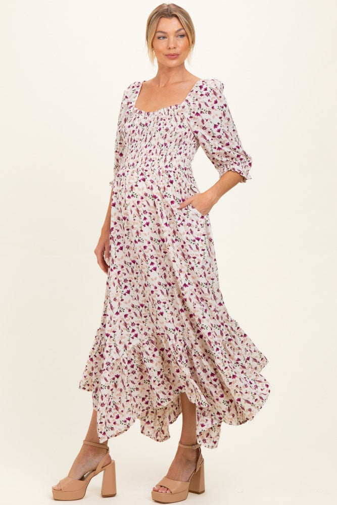 Cream Floral Smocked Handkerchief Hem Maternity Maxi Dress