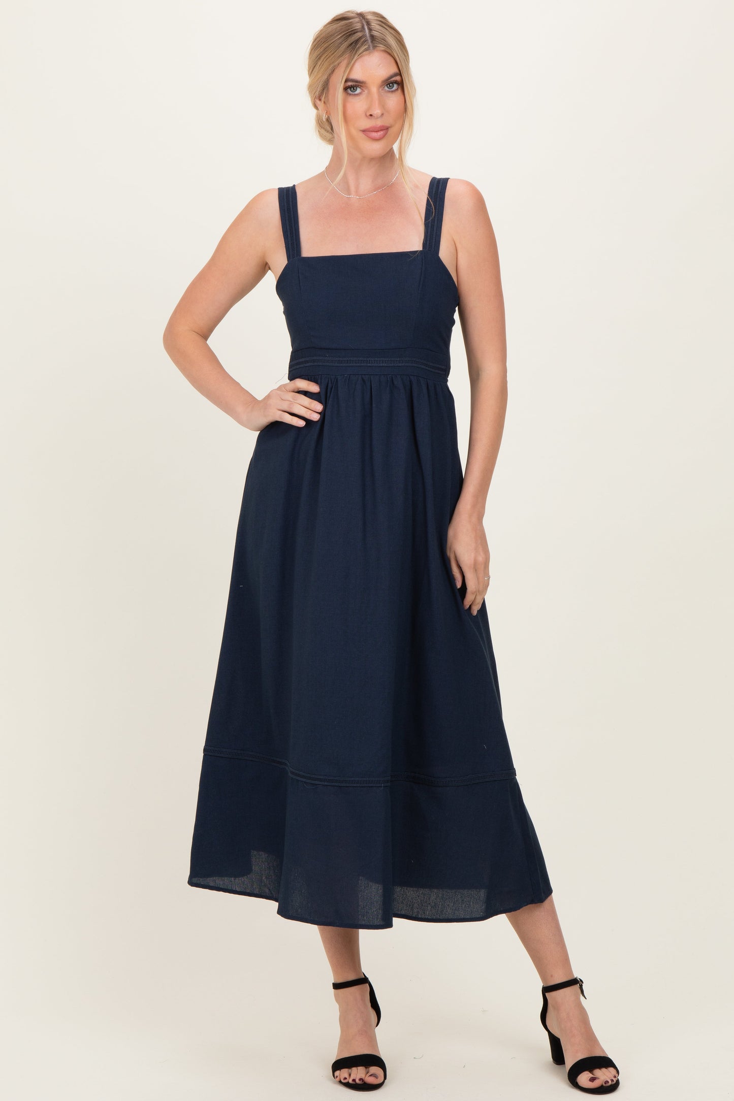 Navy Linen Blend Sleeveless Maternity Midi Dress