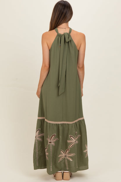 Olive Embroidered Halter Maternity Maxi Dress