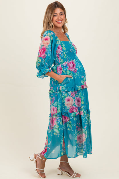 Blue Floral Smocked Chiffon Tiered Maternity Maxi Dress