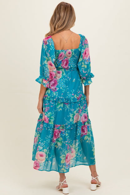 Blue Floral Smocked Chiffon Tiered Maternity Maxi Dress