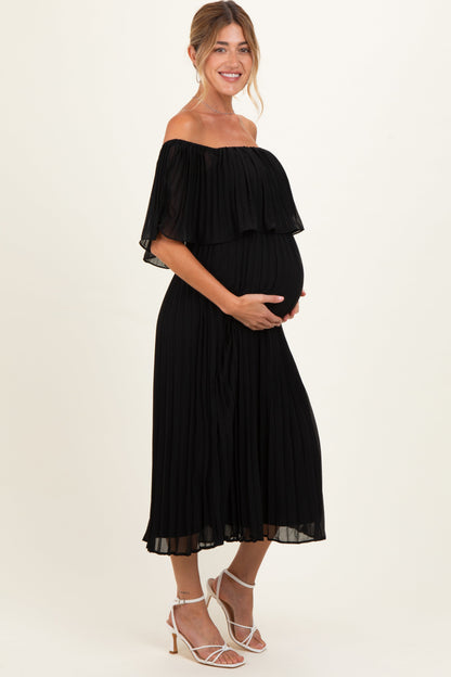 Black Pleated Off Shoulder Flounce Maternity Midi Dress