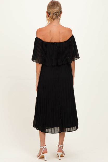 Black Pleated Off Shoulder Flounce Maternity Midi Dress