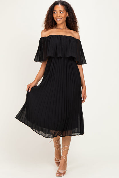 Black Pleated Off Shoulder Flounce Maternity Midi Dress