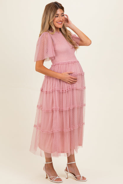 Pink Smocked Top Mesh Midi Dress