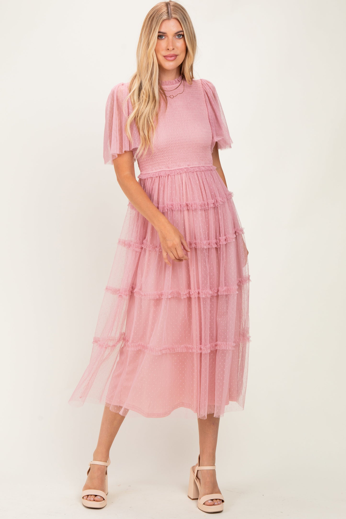 Pink Smocked Top Mesh Midi Dress