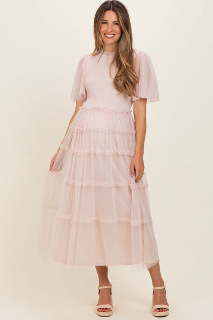 Cream Smocked Top Mesh Midi Dress