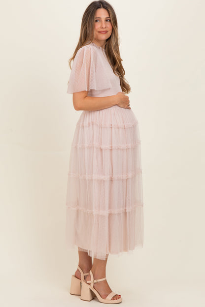 Cream Smocked Top Mesh Midi Dress