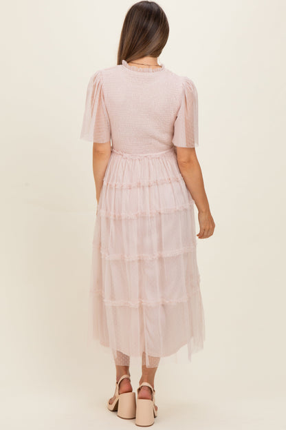 Cream Smocked Top Mesh Midi Dress