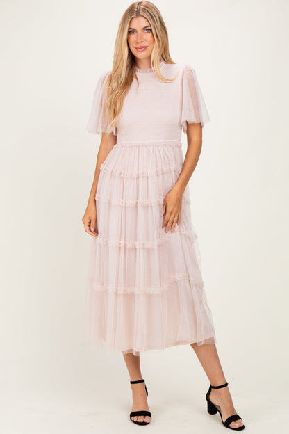 Cream Smocked Top Mesh Midi Dress