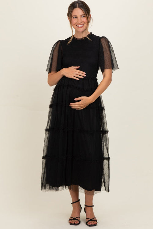 Black Smocked Top Mesh Midi Dress