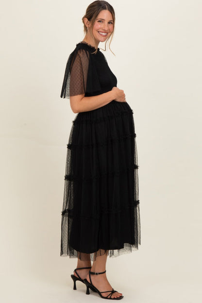 Black Smocked Top Mesh Midi Dress
