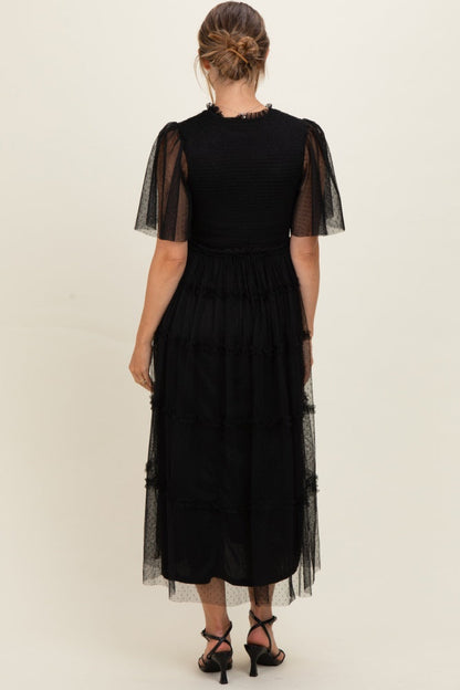 Black Smocked Top Mesh Midi Dress