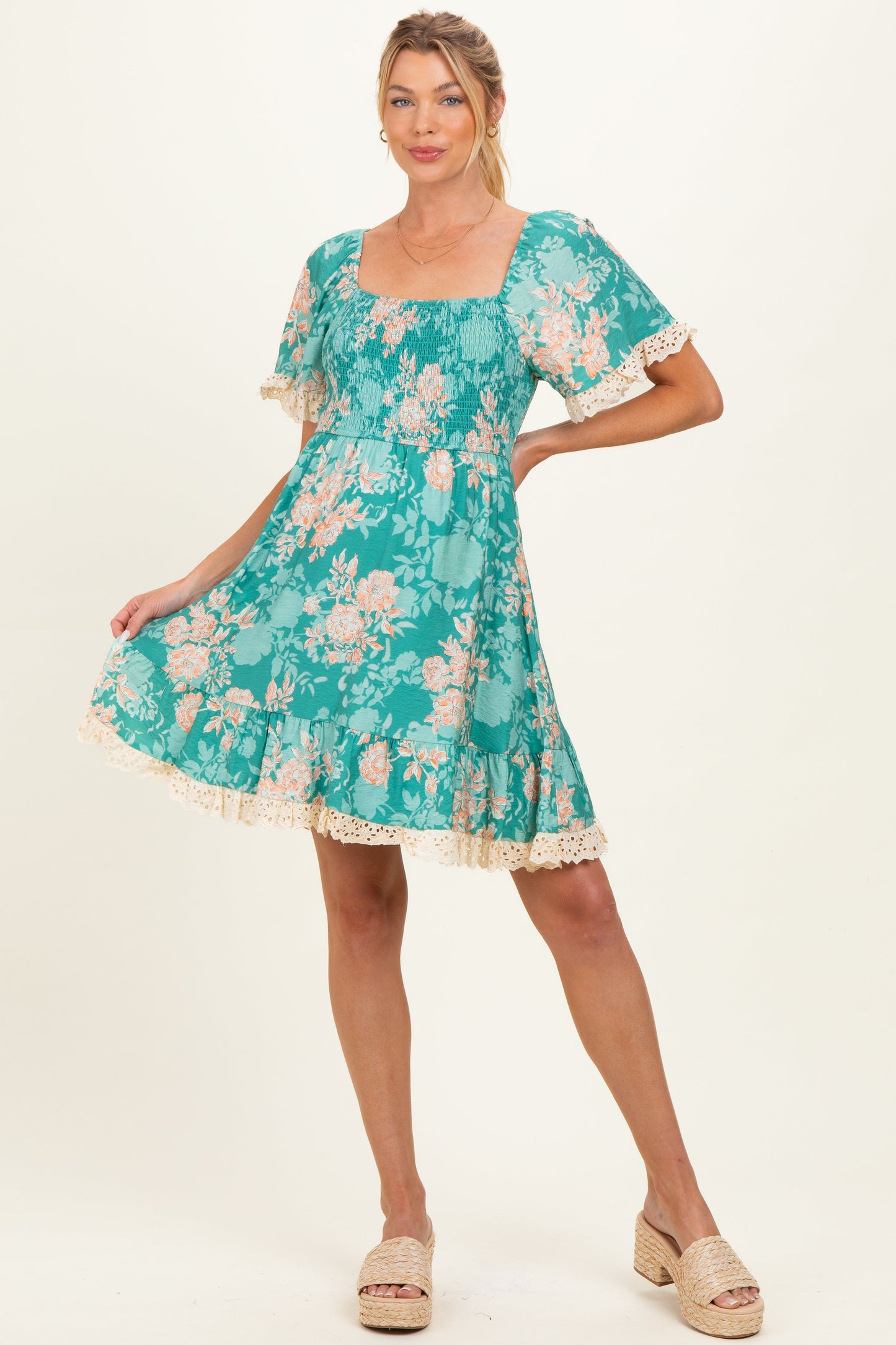 Jade Floral Smocked Lace Trim Maternity Dress