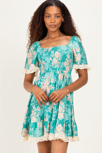 Jade Floral Smocked Lace Trim Maternity Dress