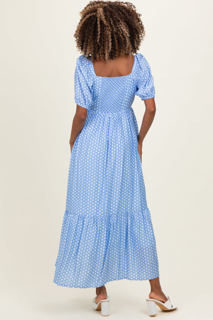 Blue Pleated Polka Dot Maternity Maxi Dress
