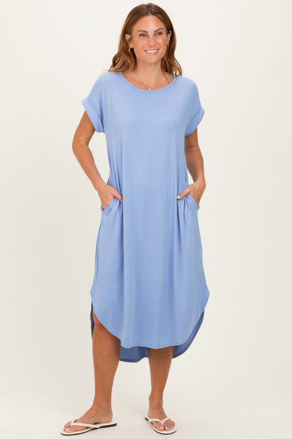 Blue Ribbed Curved Hem Maternity Midi Dress