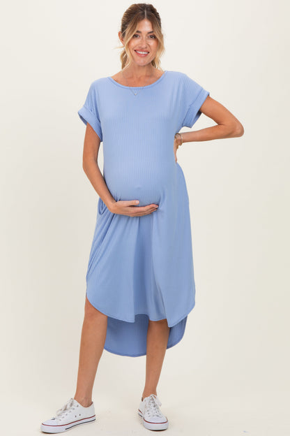 Blue Ribbed Curved Hem Maternity Midi Dress